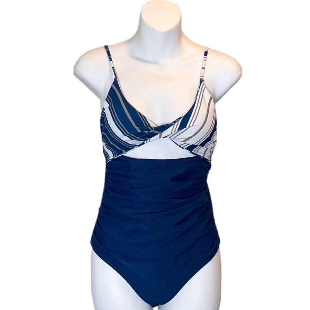 Cupshe Womens Striped Blue White High Cut One Piece Swimsuit with Cut out Size S